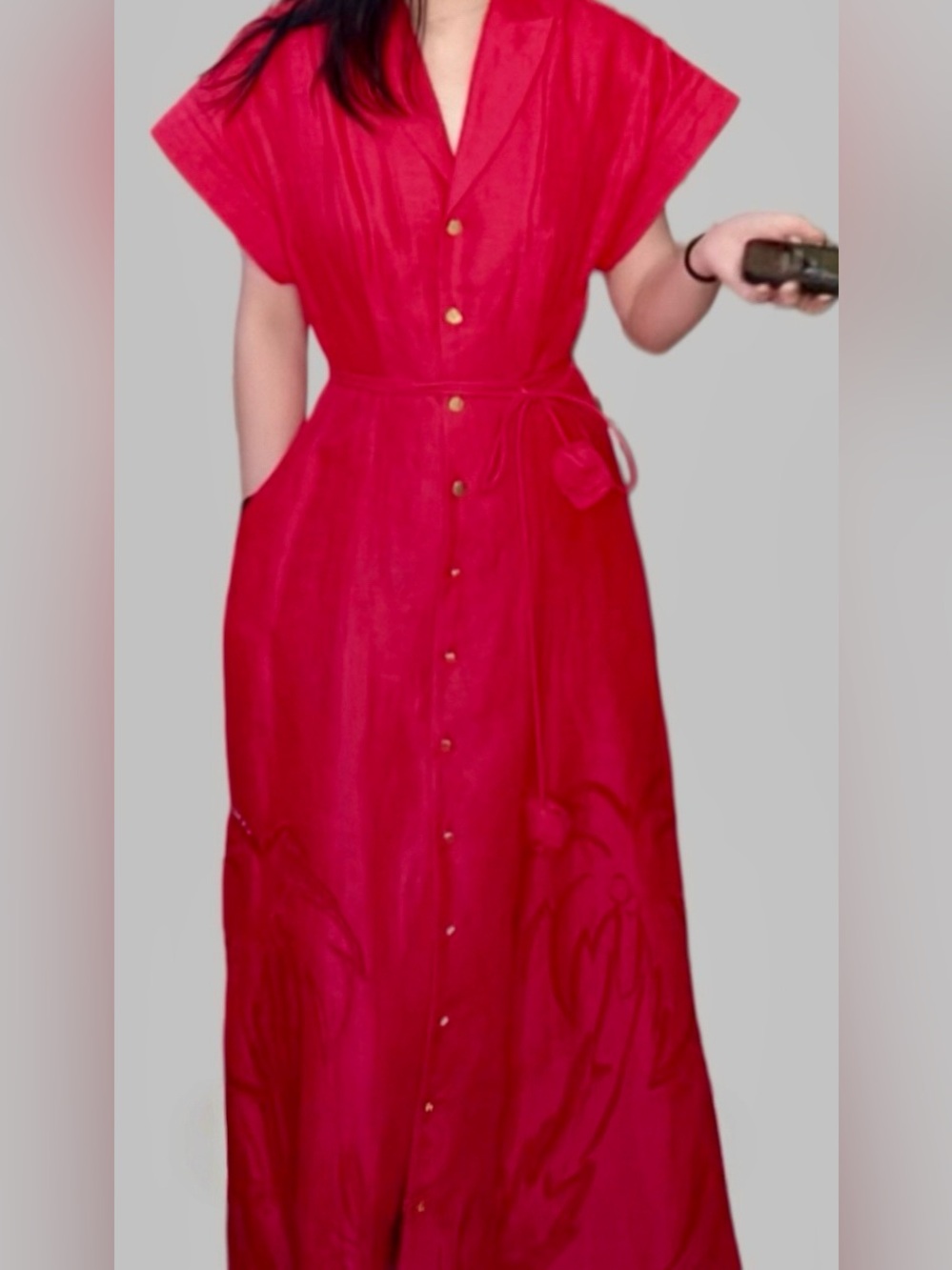 LEO LIN Audrey Red Belted Palm Embroidered Linen Shirt Midi Dress AU8/US4 NWOT - Picture 6 of 6